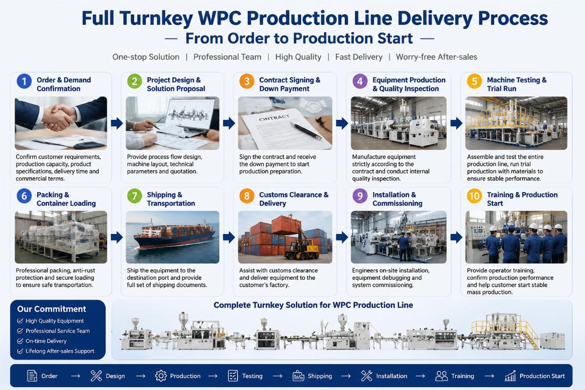 Full turnkey WPC production line delivery process from order to production start