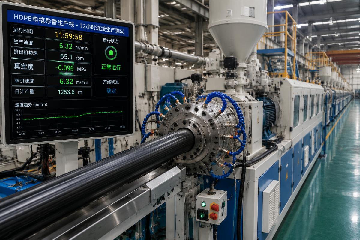 HDPE cable conduit production line running 12-hour continuous production test