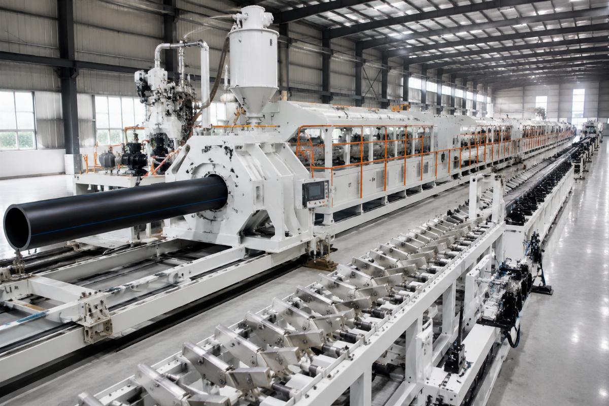 High-output pipe extrusion line with fully integrated downstream automation systems