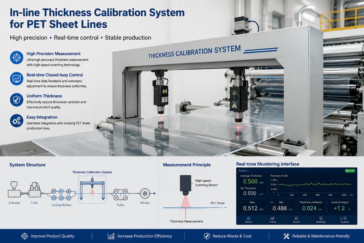In-line thickness calibration system for PET sheet lines