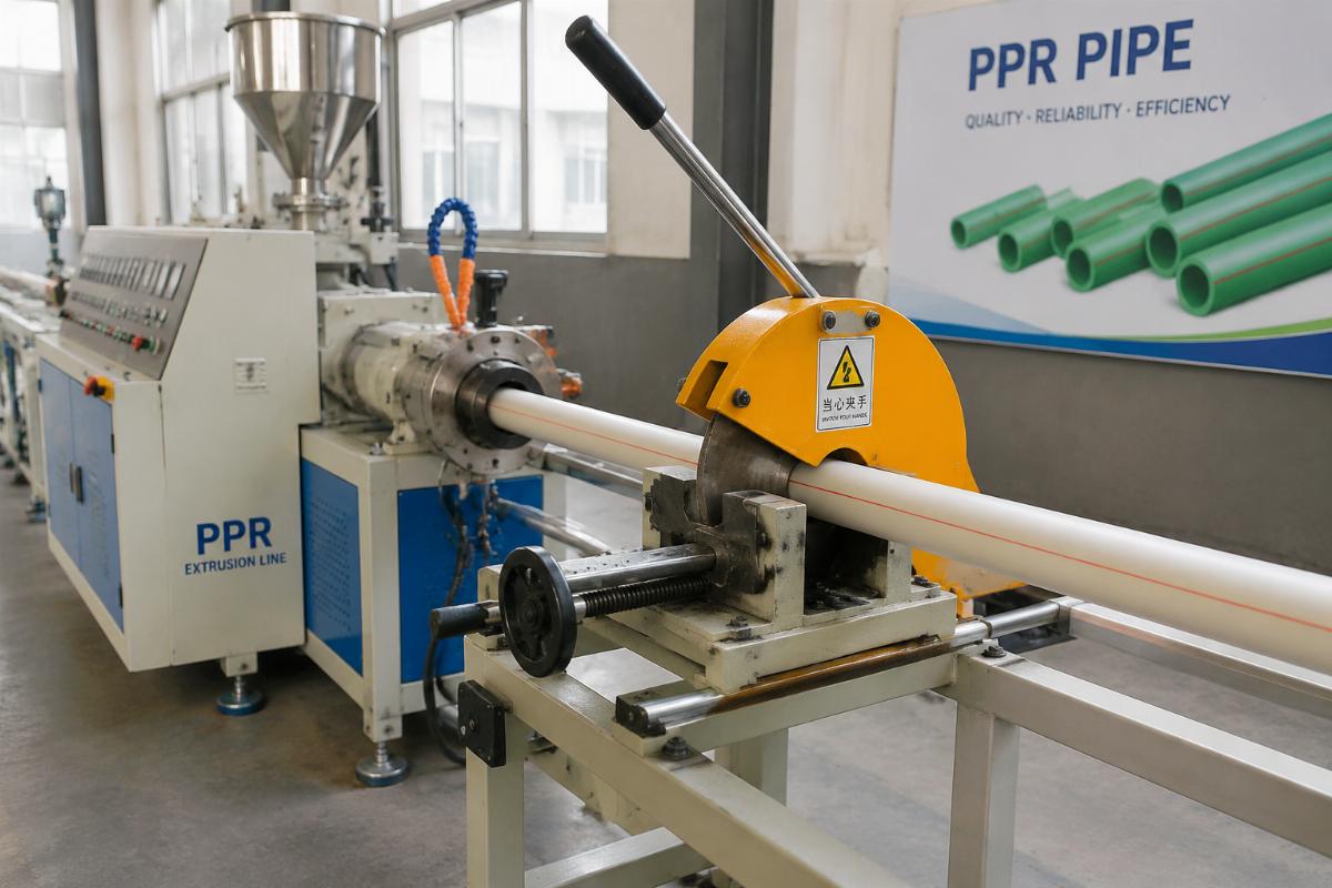Manual pipe cutting machine installed on a small PPR extrusion line
