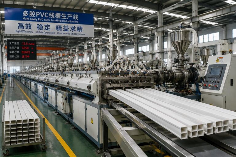 Multi-cavity PVC cable trunking production line running at full capacity in a factory workshop