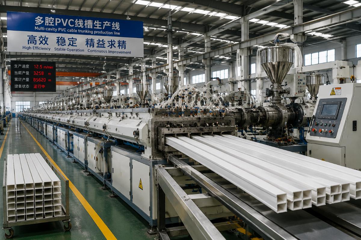 Multi-cavity PVC cable trunking production line running at full capacity in a factory workshop