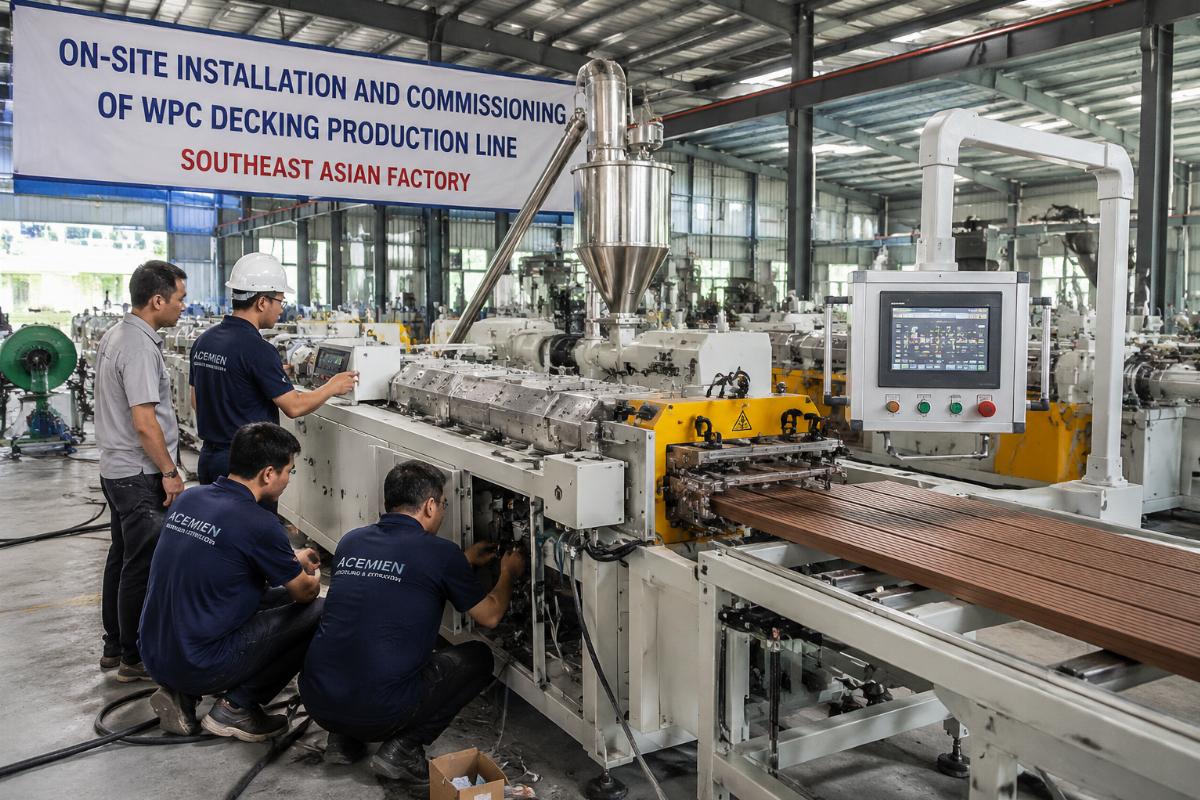 On-site installation and commissioning of WPC decking production line in Southeast Asian factory