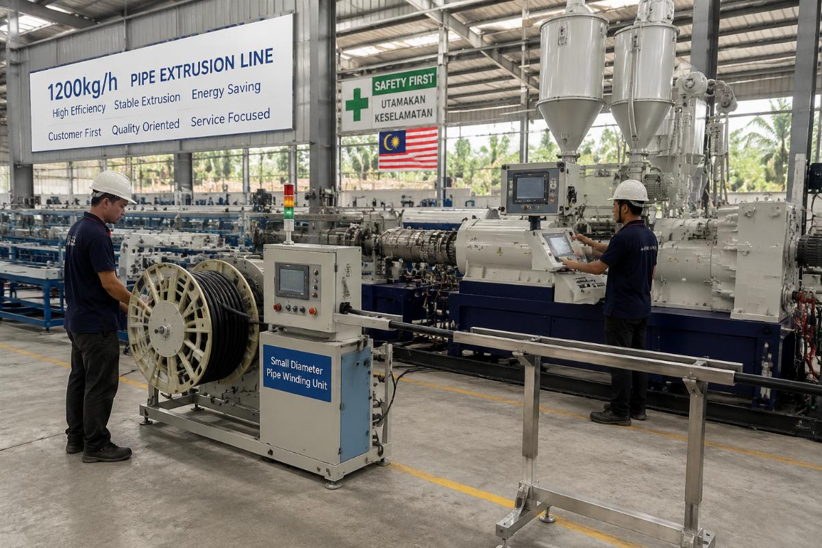 On-site installation of a small-diameter pipe winding unit alongside a 1200kg/h extrusion line in a Southeast Asian factory
