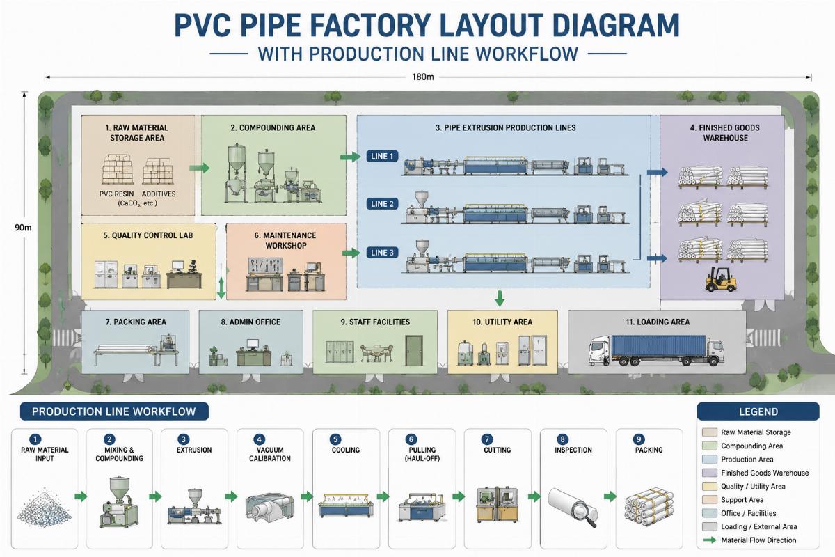 PVC pipe factory layout diagram with production line workflow