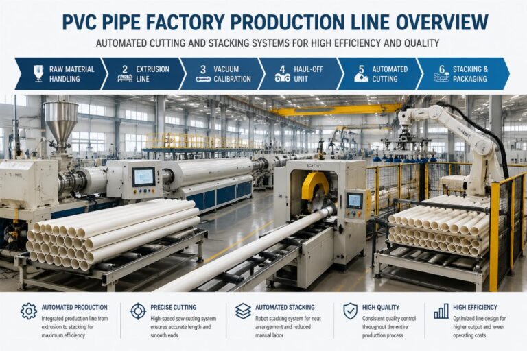 PVC pipe factory production line overview with automated cutting and stacking systems