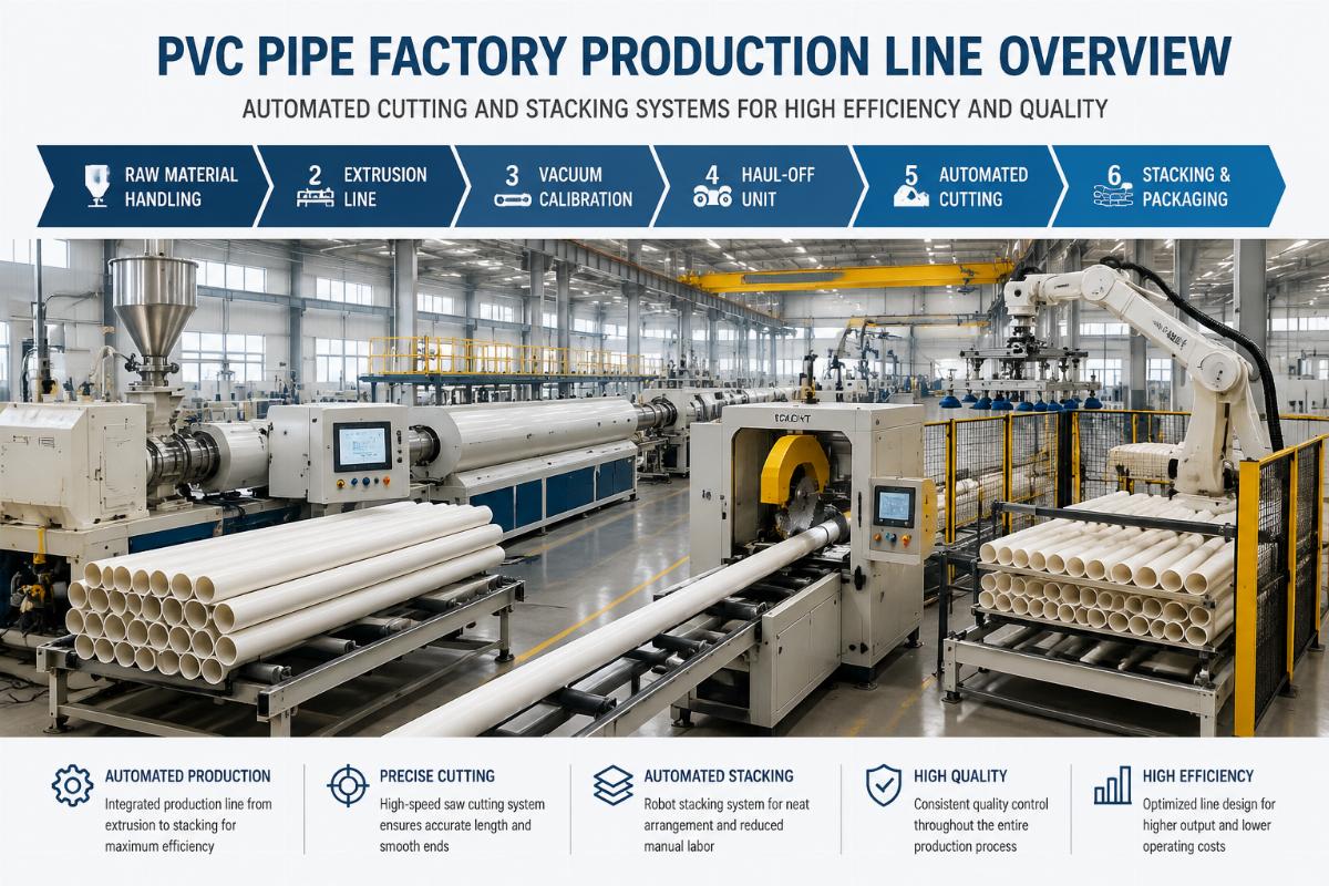 PVC pipe factory production line overview with automated cutting and stacking systems