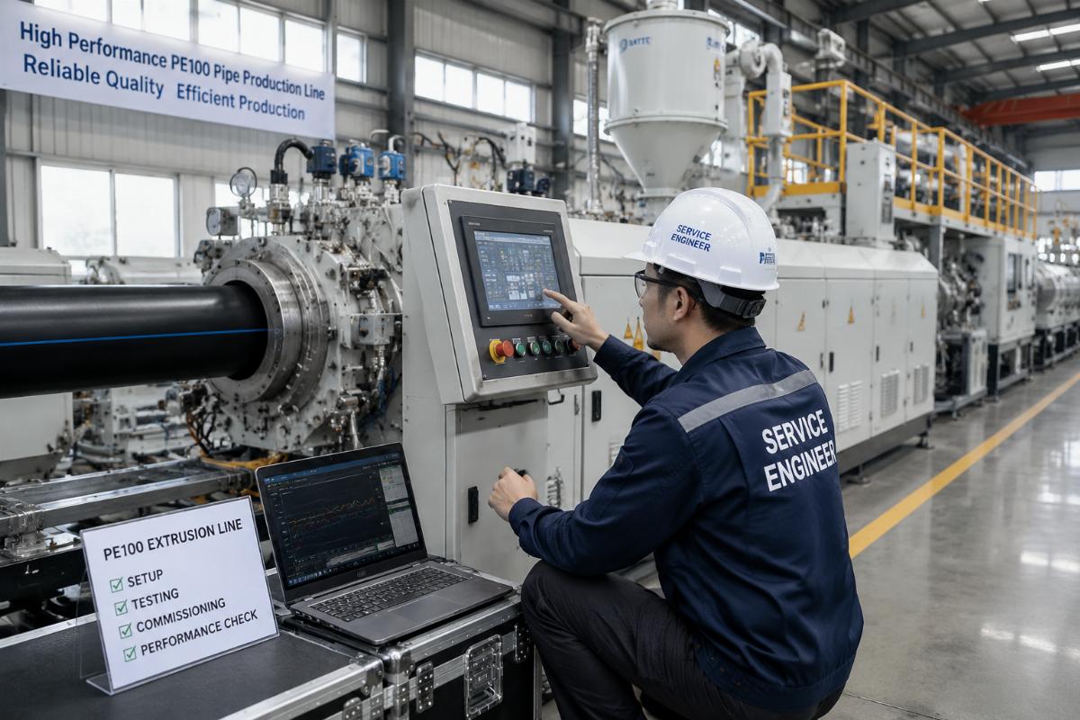 Service engineer performing on-site setup and testing of a PE100 extrusion line