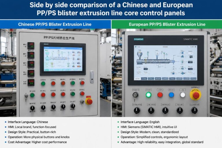 Side by side comparison of a Chinese and European PP/PS blister extrusion line core control panels