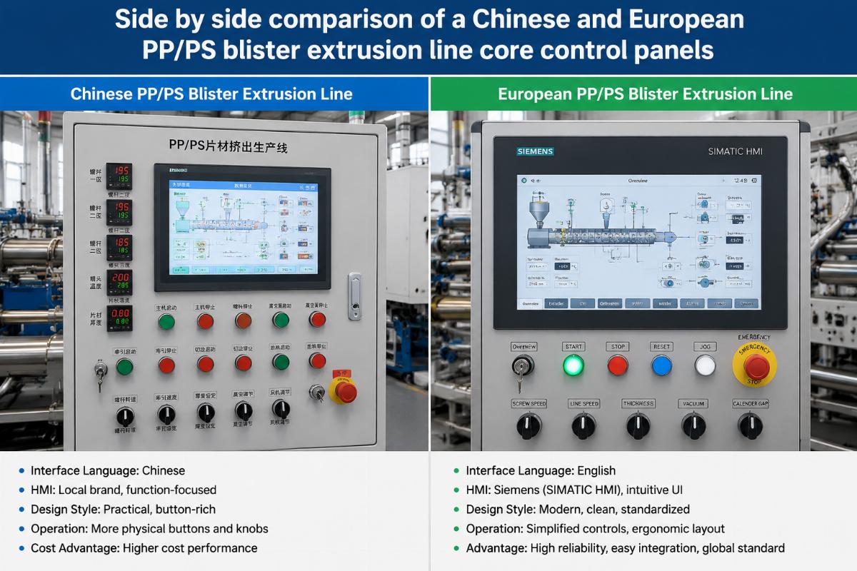 Side by side comparison of a Chinese and European PP/PS blister extrusion line core control panels
