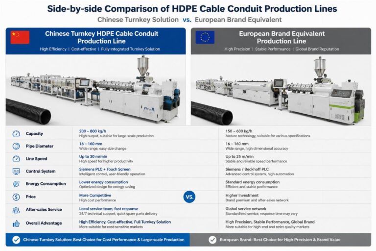 Side-by-side comparison of a Chinese turnkey HDPE cable conduit production line and a European brand equivalent
