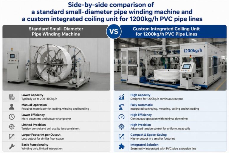 Side-by-side comparison of a standard small-diameter pipe winding machine and a custom integrated coiling unit for 1200kg/h PVC pipe lines