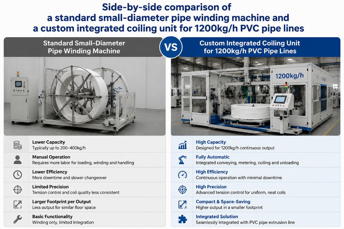 Side-by-side comparison of a standard small-diameter pipe winding machine and a custom integrated coiling unit for 1200kg/h PVC pipe lines