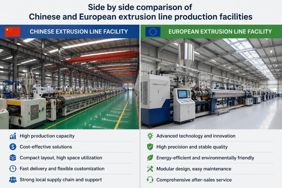 Side by side comparison of Chinese and European extrusion line production facilities
