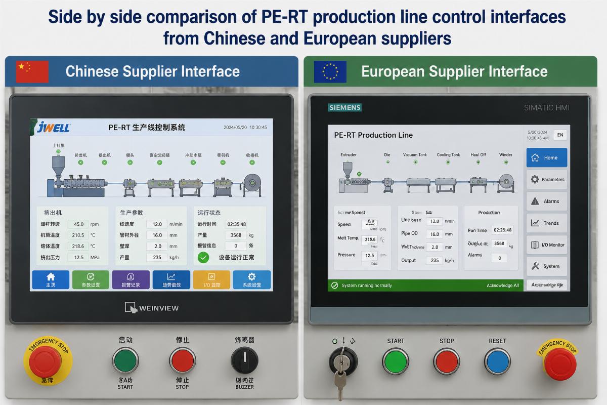Side by side comparison of PE-RT production line control interfaces from Chinese and European suppliers