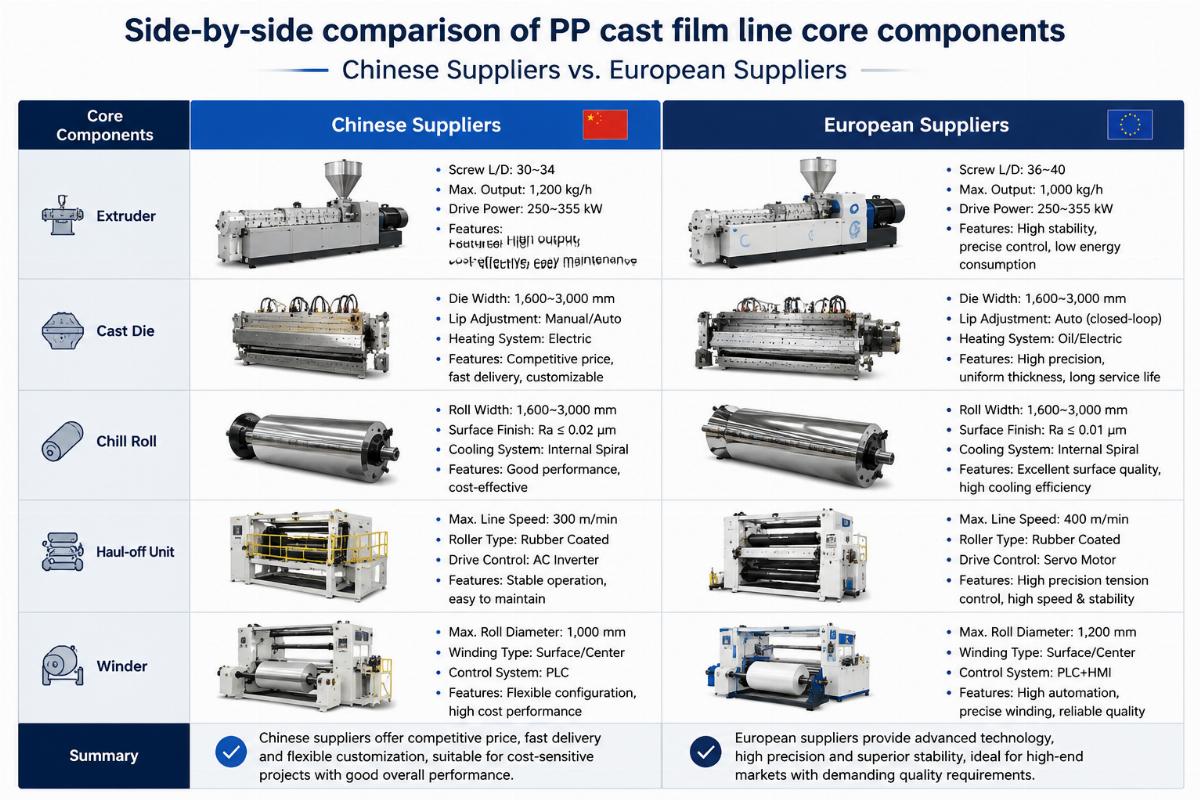 Side-by-side comparison of PP cast film line core components from Chinese and European suppliers