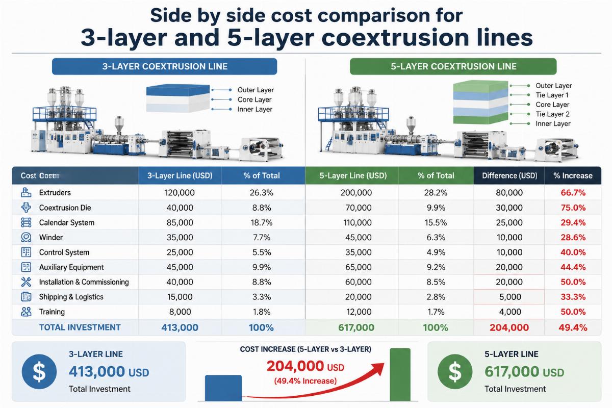 Side by side cost comparison chart for 3-layer and 5-layer coextrusion lines
