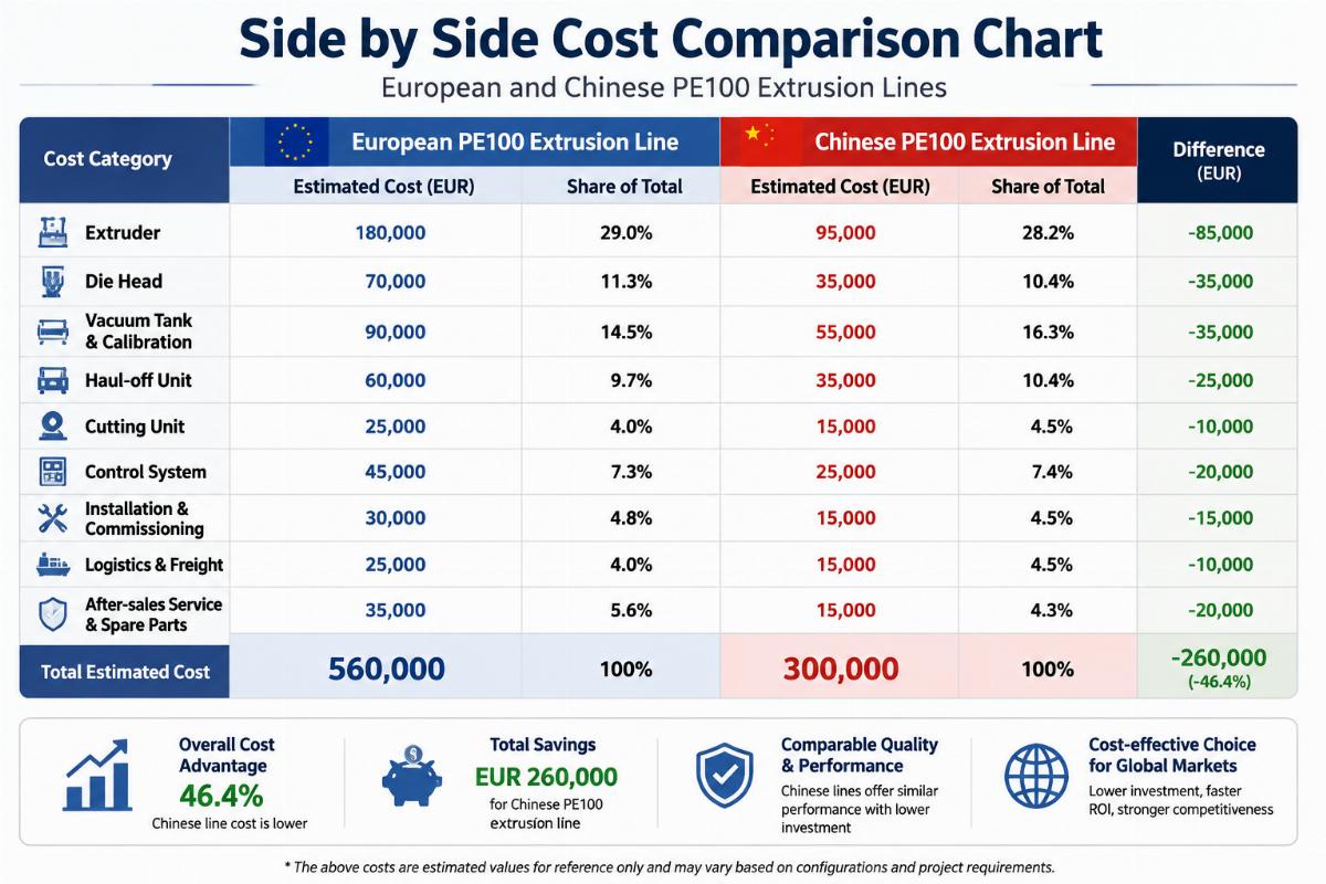 Side by side cost comparison chart for European and Chinese PE100 extrusion lines