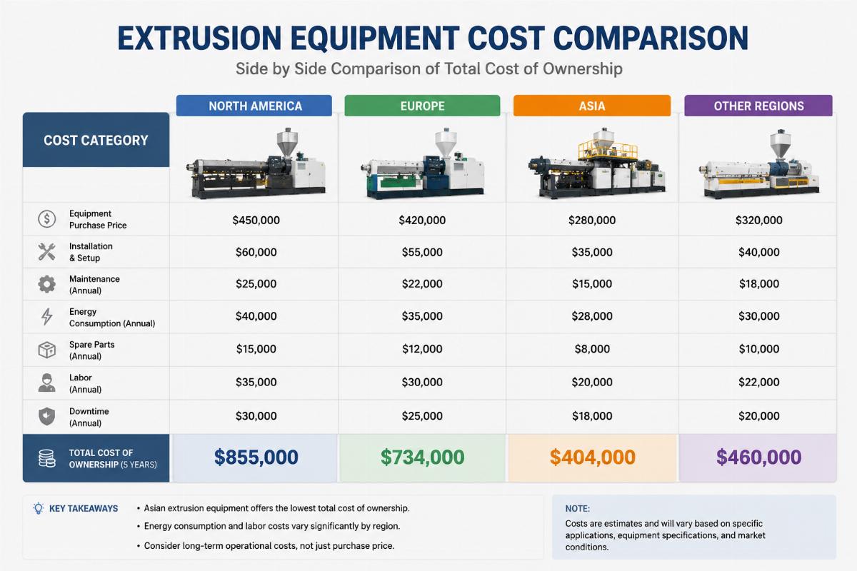 Side by side cost comparison chart for extrusion equipment from different regions