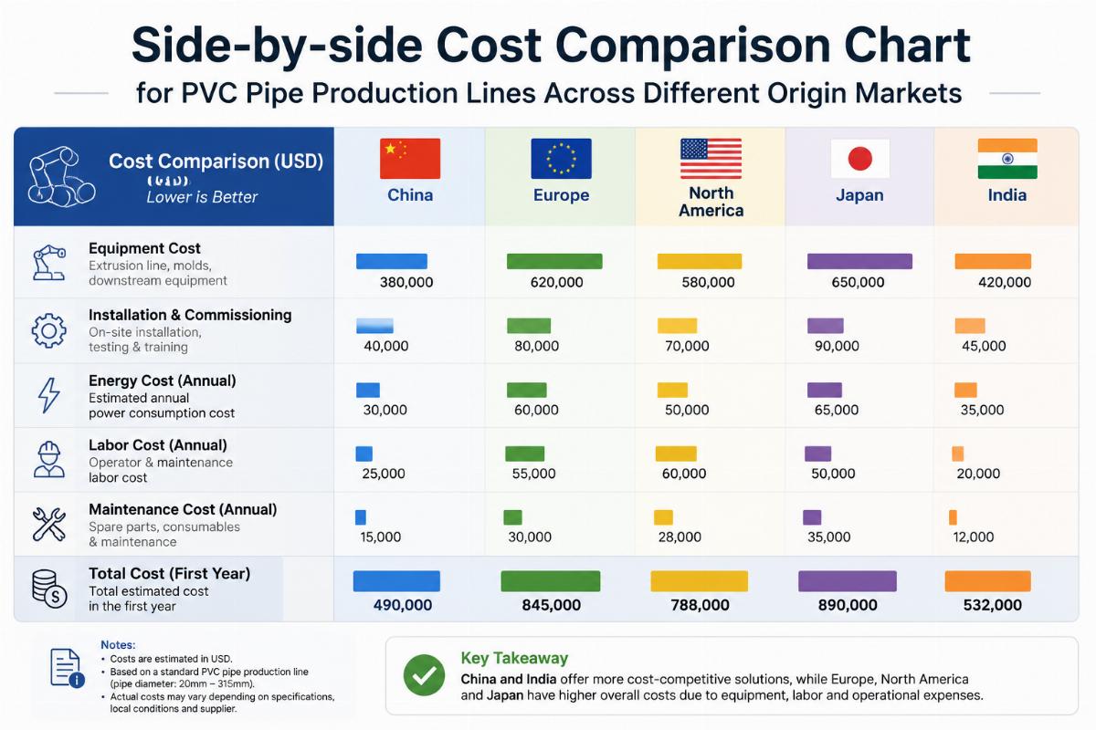 Side-by-side cost comparison chart for PVC pipe production lines across different origin markets