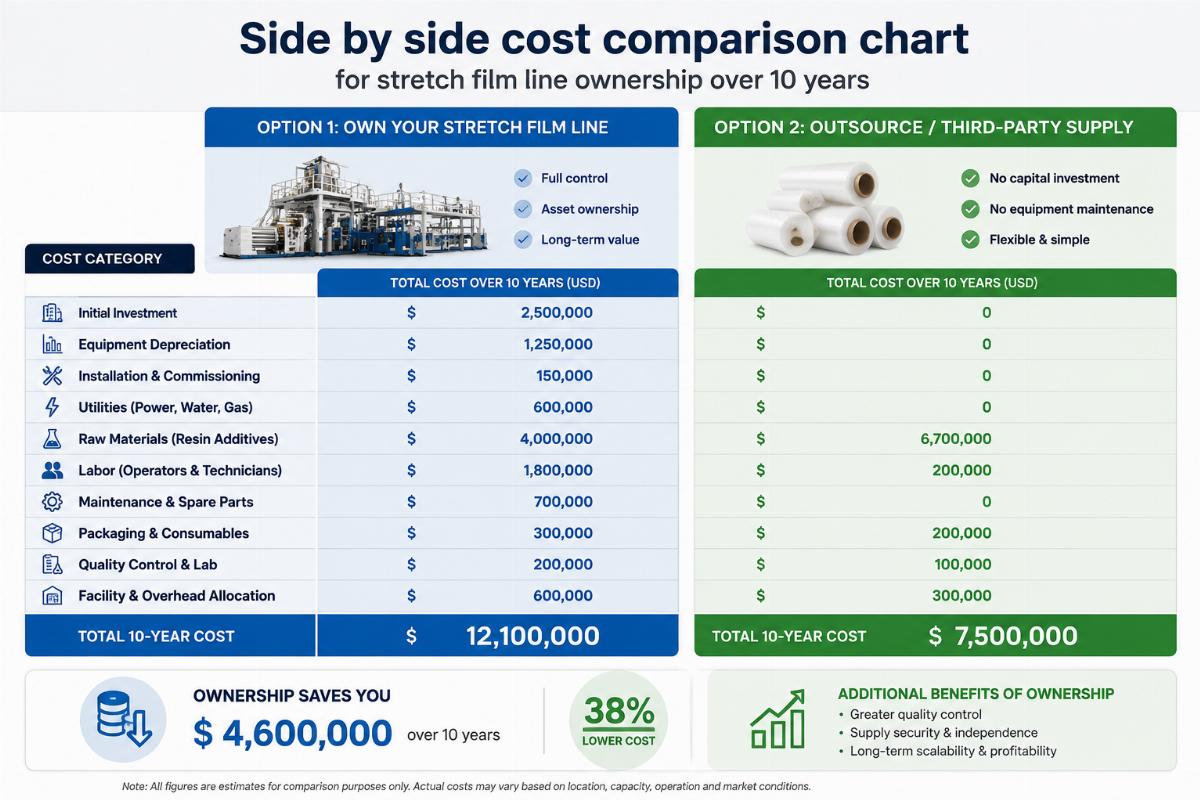 Side by side cost comparison chart for stretch film line ownership over 10 years