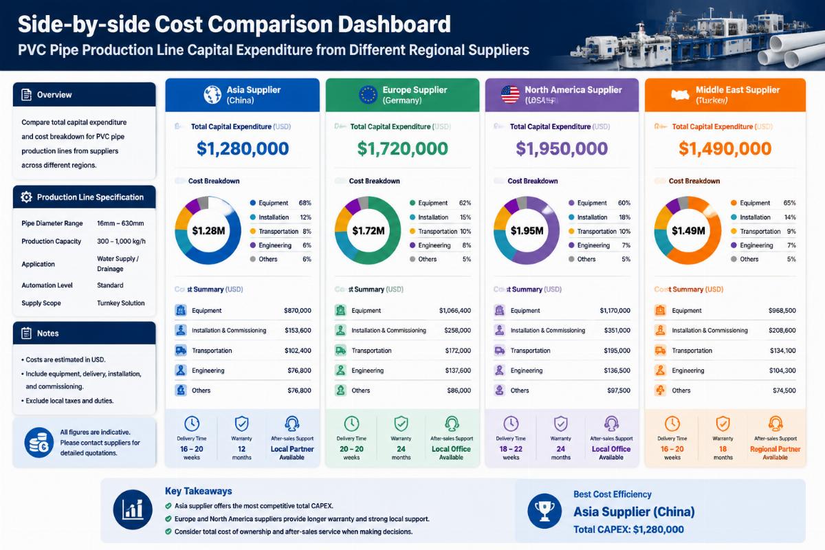 Side-by-side cost comparison dashboard for PVC pipe production line capital expenditure from different regional suppliers