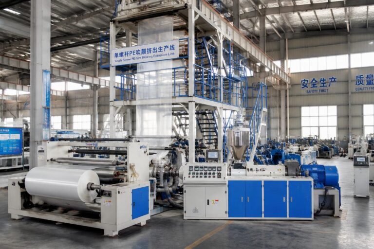 Single screw PE film blowing extrusion line running in a factory facility