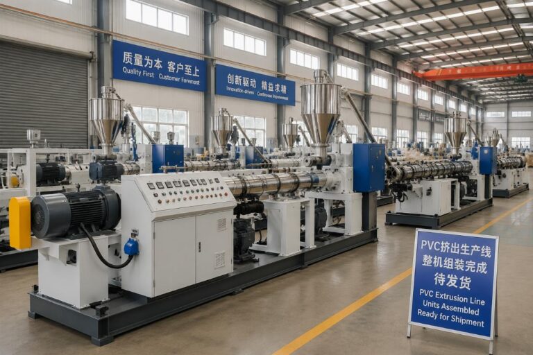 Supplier production facility showing assembled PVC extrusion line units ready for shipment