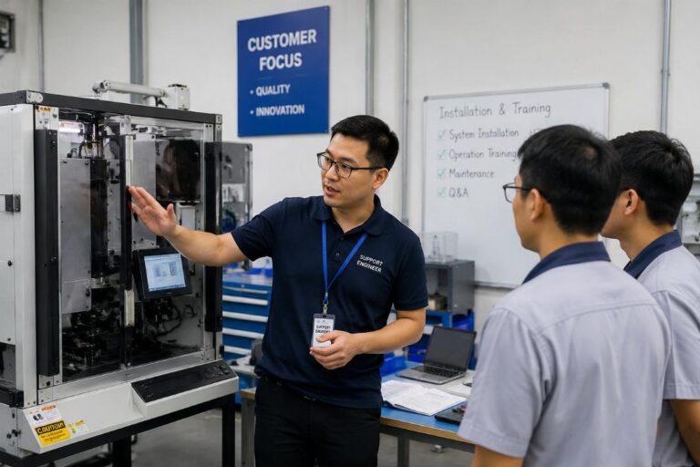 Support engineer conducting on-site installation and training at a client facility