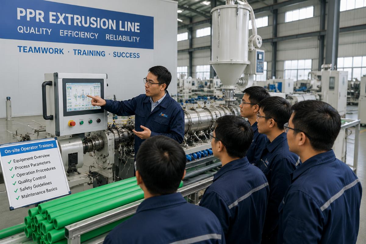 Team of technicians conducting on-site operator training for a PPR extrusion line