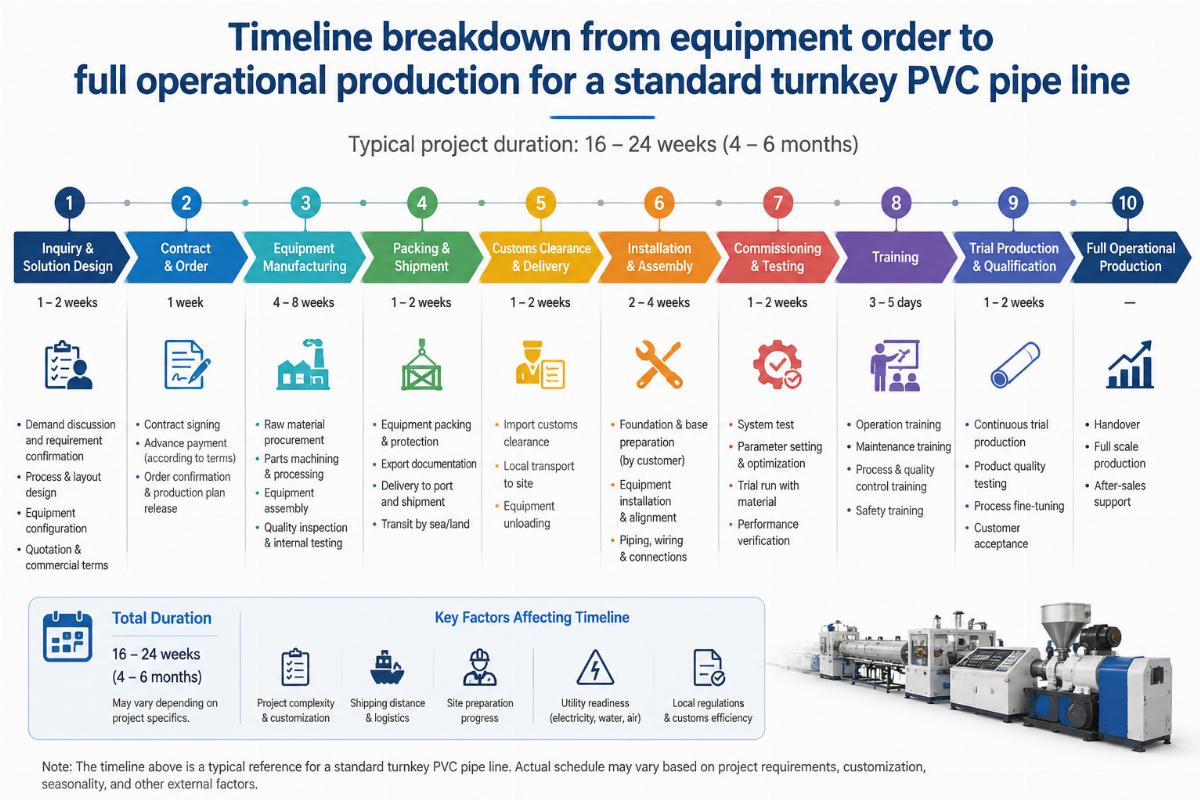 Timeline breakdown from equipment order to full operational production for a standard turnkey PVC pipe line