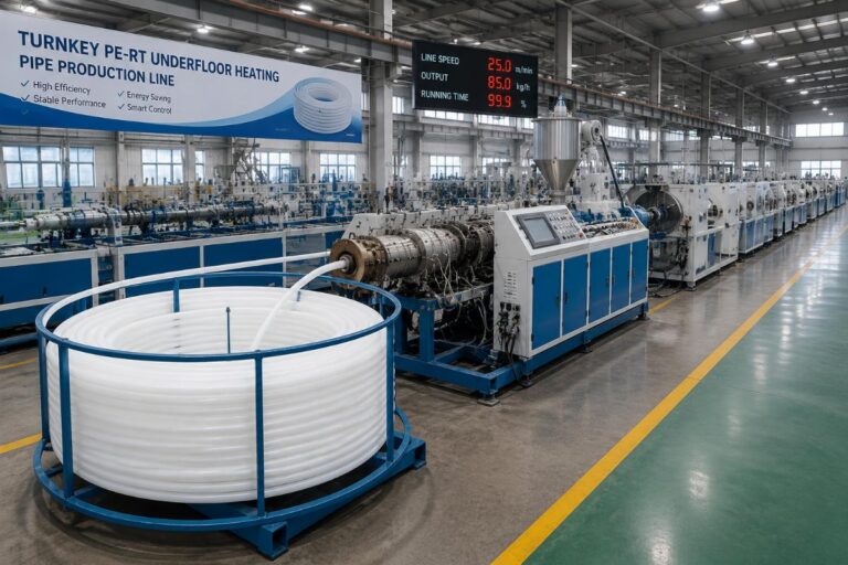 Turnkey PE-RT underfloor heating pipe production line running at full capacity in a factory facility