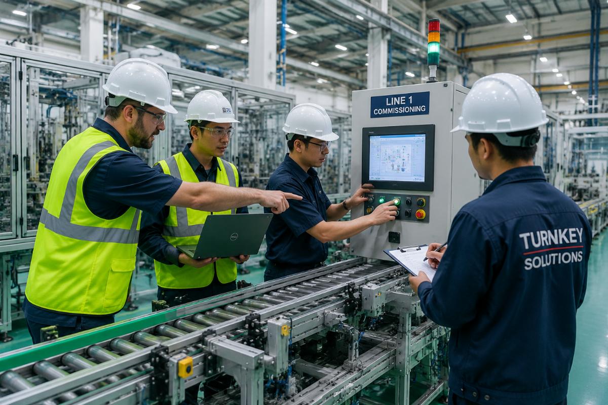 Turnkey project team conducting on-site line commissioning