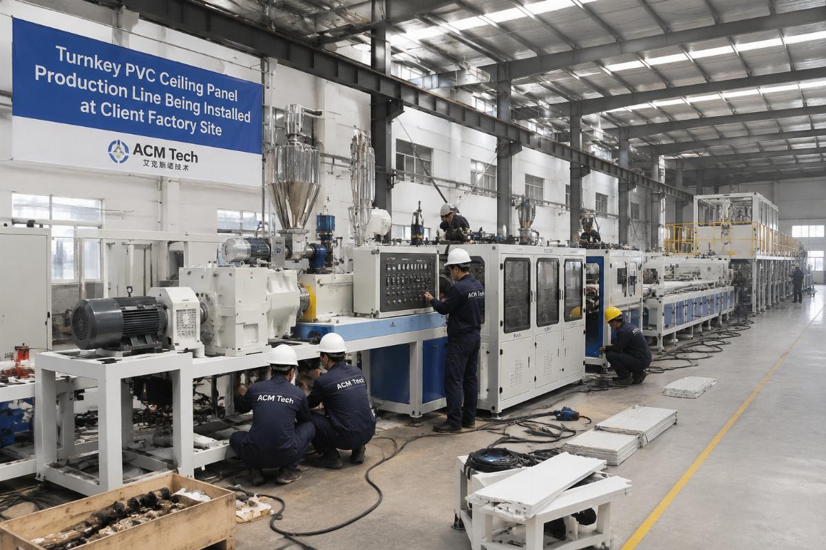 Turnkey PVC ceiling panel production line being installed at a client factory site