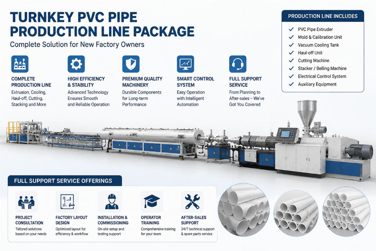 Turnkey PVC pipe production line package with full support service offerings outlined for new factory owners