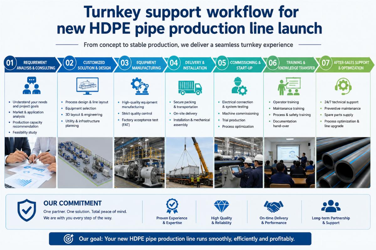 Turnkey support workflow for new HDPE pipe production line launch