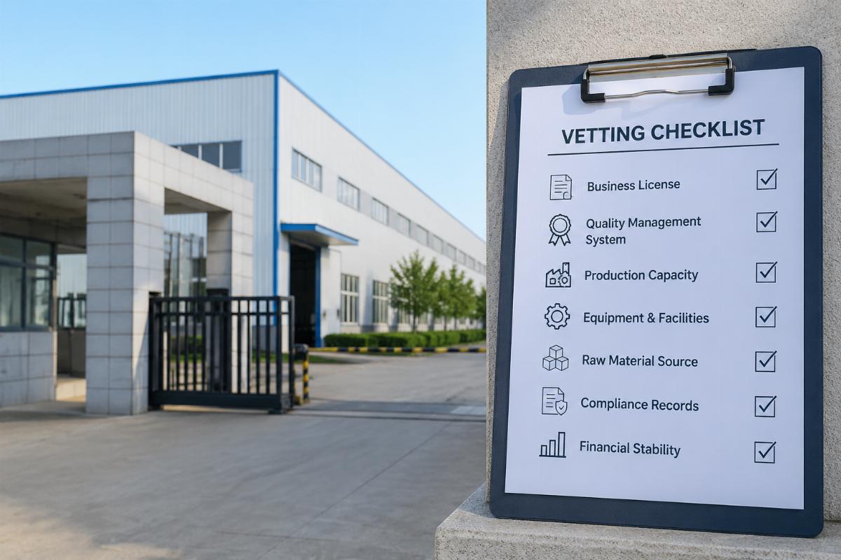 Vetting checklist displayed next to a supplier factory entrance