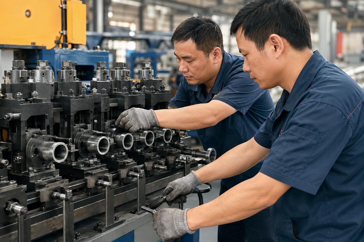 Workers adjusting pipe diameter settings on a modular socket forming machine