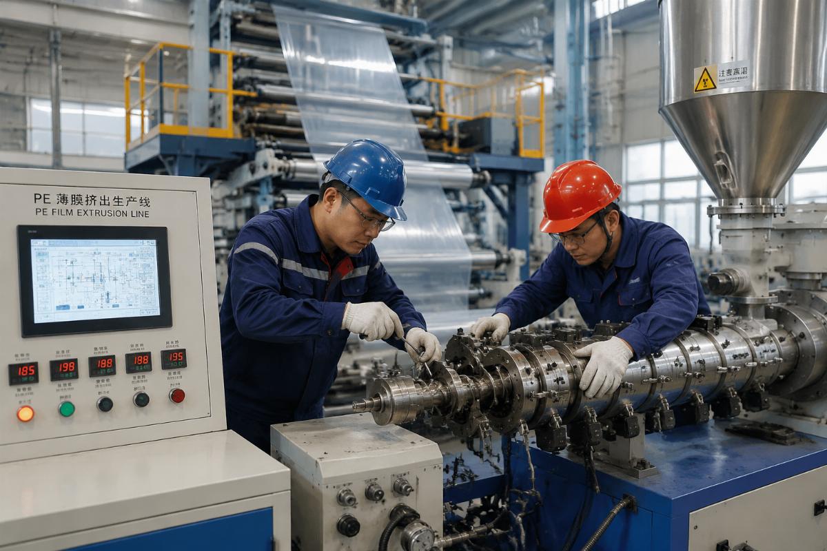Workers adjusting screw configuration on a PE film extrusion line